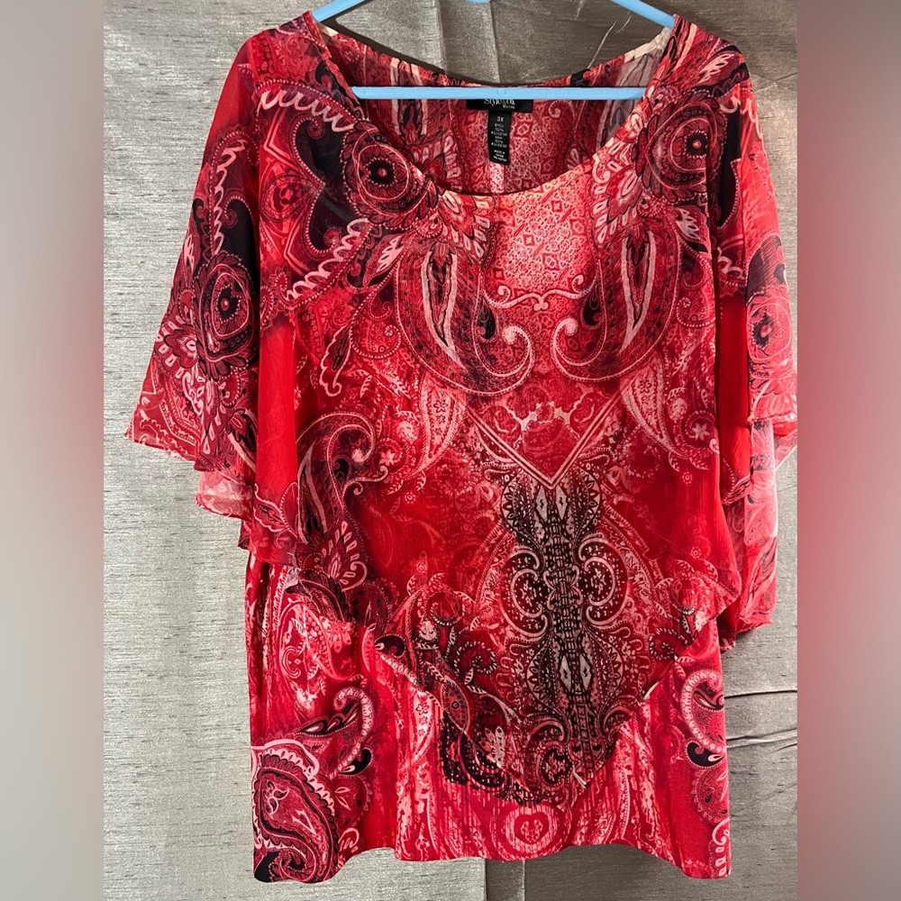 Style & Co. Red and Black  Paisley Blouse with sheer overlay and tank underneath
